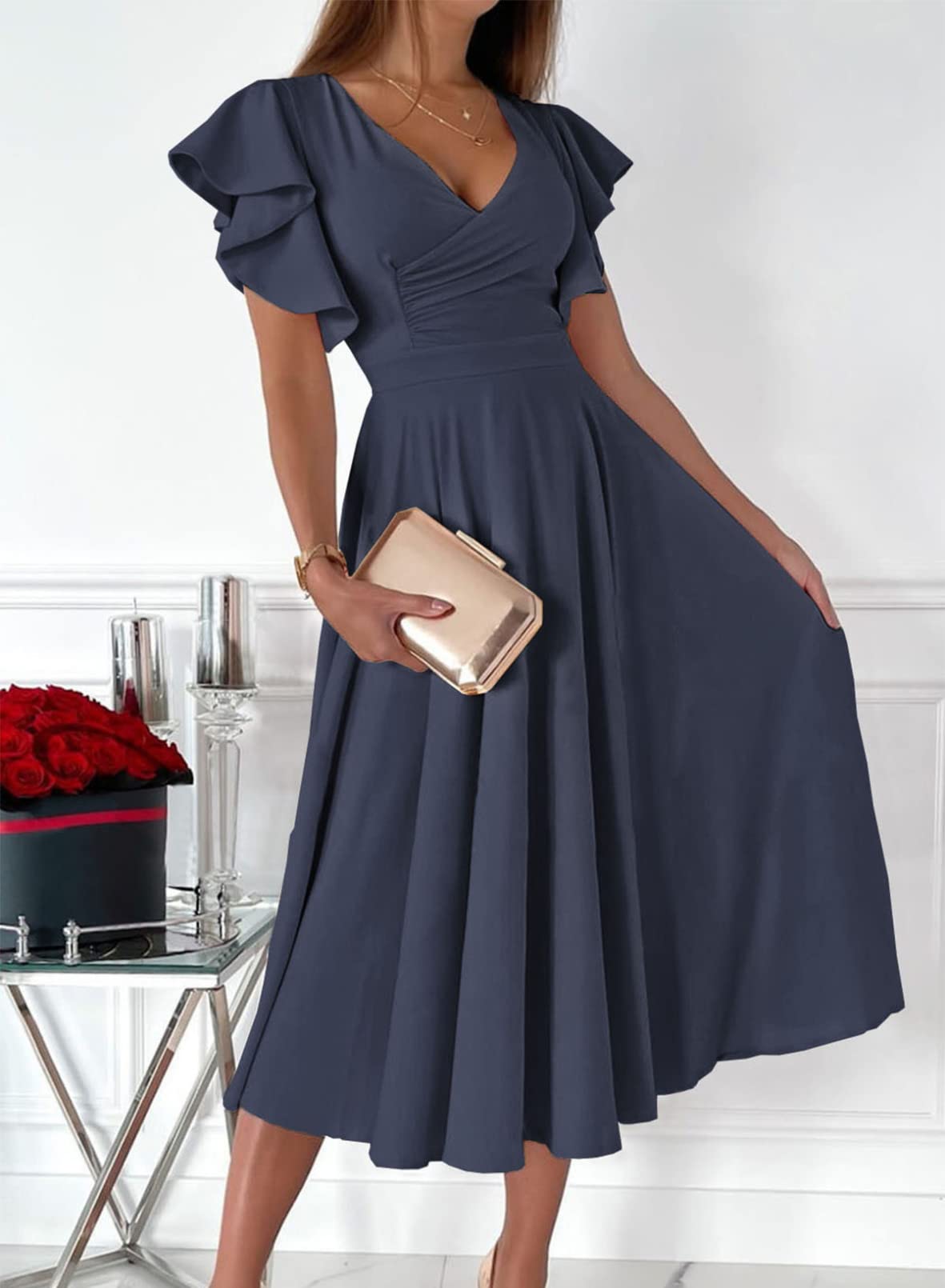 Vestido formal elegante de manga corta con escote en V y corte A para dama de honor, vestido de noche, vestido de fiesta